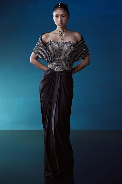 Black embroidered corset skirt set