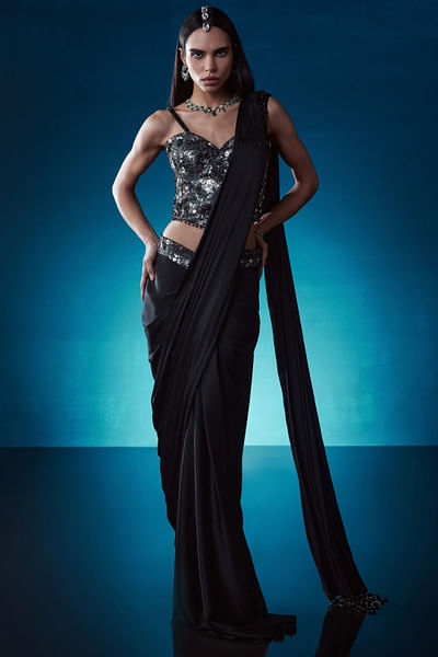 Black embroidered corset pre-draped sari set