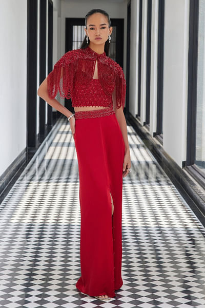 Red crystal satin cape skirt set