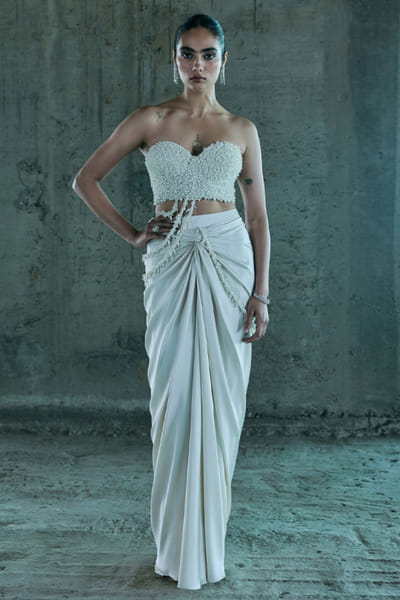 Ivory pearl embellished corset drape skirt set