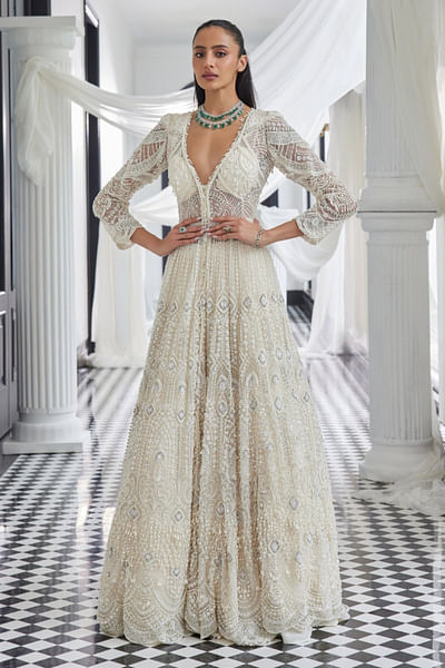 Ivory embellished gown jacket set
