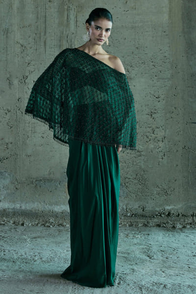 Emerald green embellished cape and skirt set