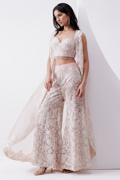 Pink applique-embroidered jacket sharara set