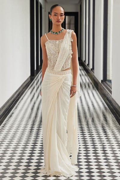 Ivory embellished drape sari set