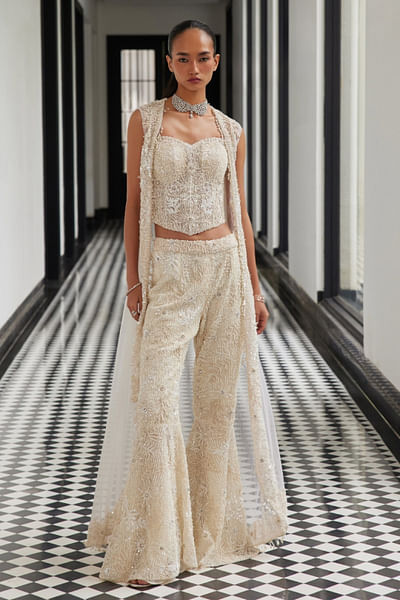Ivory embellished long jacket set