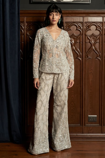 Grey patchwork Indo-Western jacket set