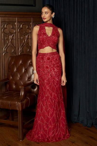 Red embroidered fishcut lehenga set