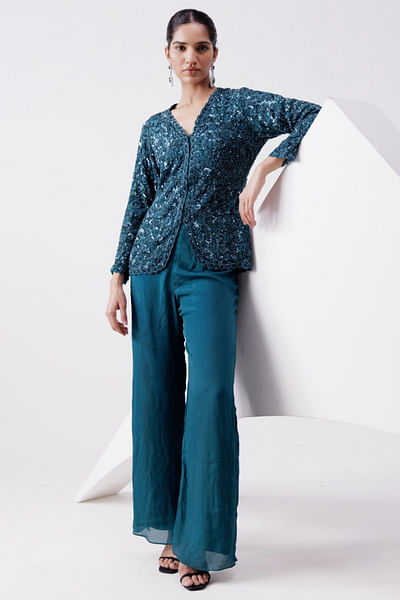 Teal blue sequin embellished jacket set