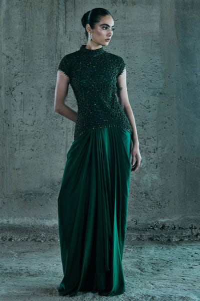 Emerald green cutwork top and drape skirt set