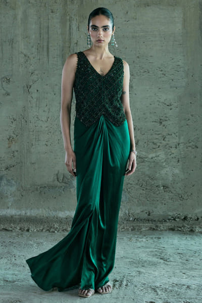 Emerald green crystal embellished jacket set