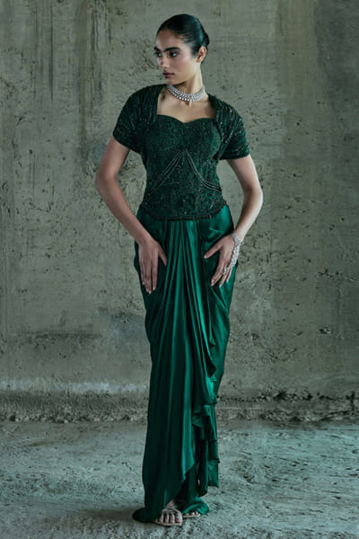 Emerald green embellished corset and skirt set