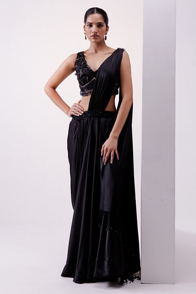 Cocktail black pre-draped sari set