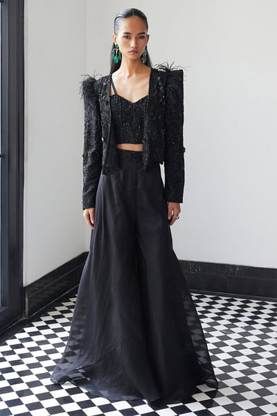 Black embellished organza jacket set