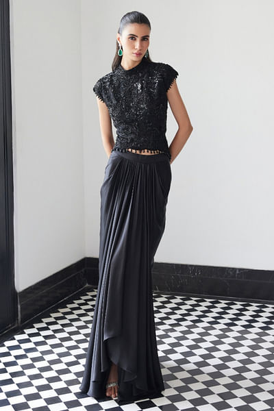 Black embroidered organza skirt set