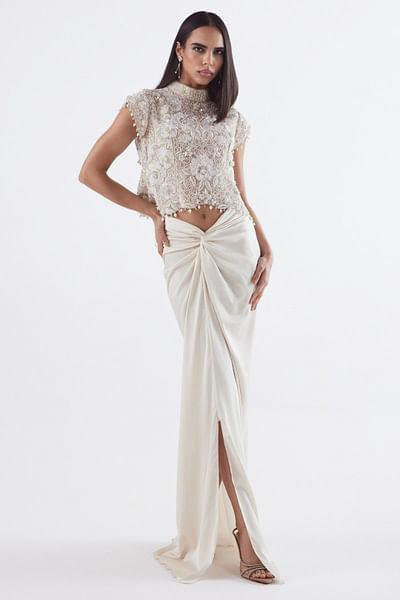 Ivory embroidered drape skirt set