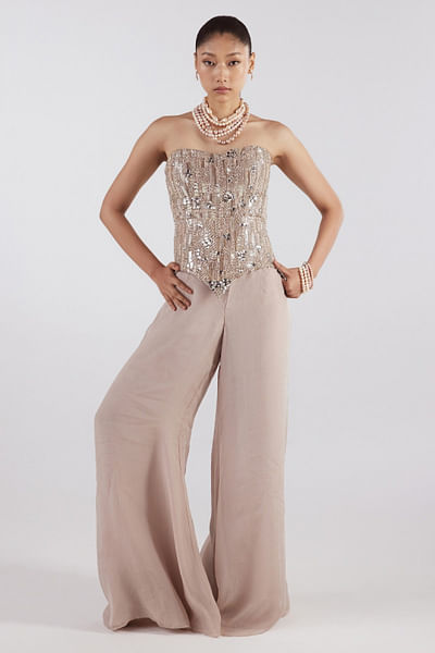 Beige embellished corset pant set