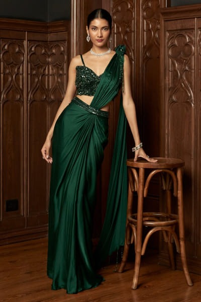 Istya Emerald green 3D embellished draped sari set ISTOCT25D136936
