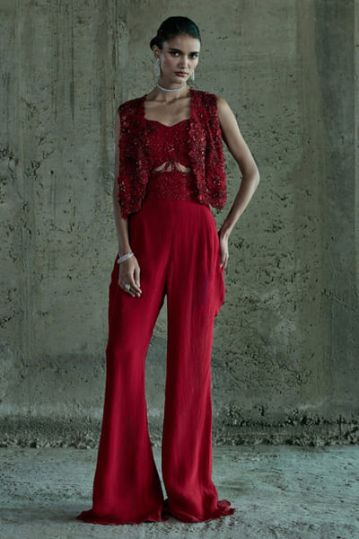 Red 3D embellished Indo-Western jacket set