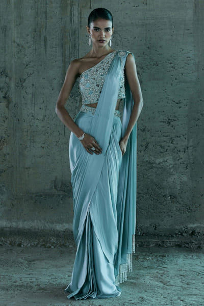 Istya Ice blue stone embellished pre-draped sari set ISTYDEC99D142433