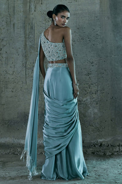 Istya Ice blue stone embellished pre-draped sari set ISTYDEC99D142433