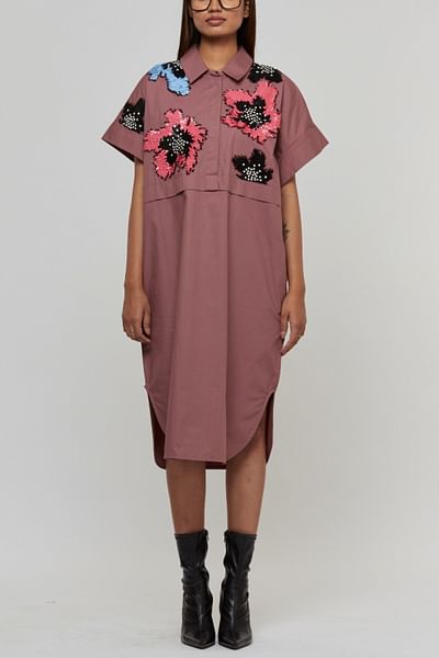 Pink floral sequinned shirt dress