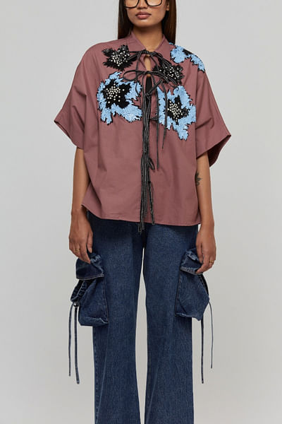 Pink floral sequinned oversized shirt