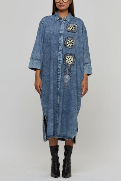 Washed blue floral sequinned denim shirt dress