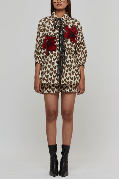 Brown heart print floral sequinned co-ords