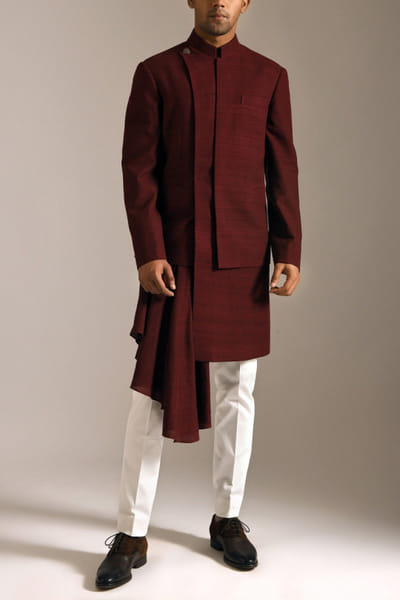Port red layered sherwani set
