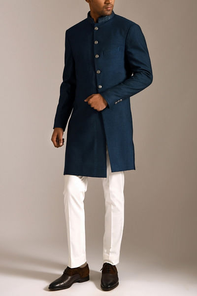 Blue cotton silk sherwani