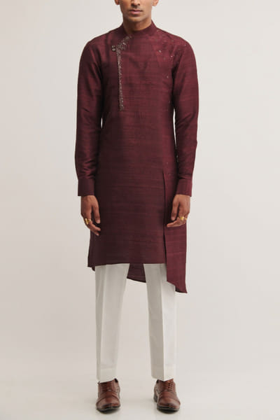 Embroidered raw silk kurta set