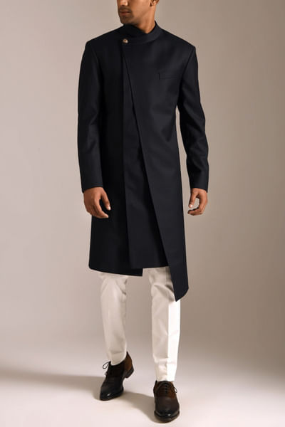 Black asymmetric sherwani set