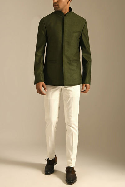 Olive cotton silk bandhgala