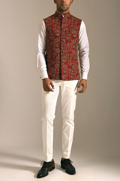 Red embroidered Jawahar jacket