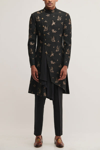 Black silk sherwani set
