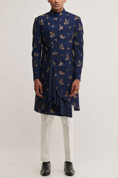 Navy embroidered silk sherwani set