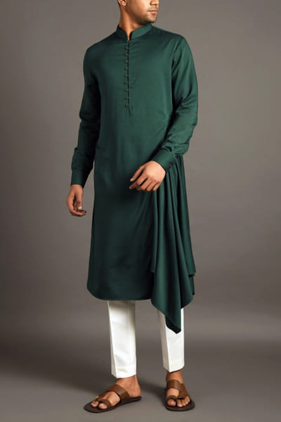 Dhruv Vaish Forest green draped kurta set DHRDK18H5861