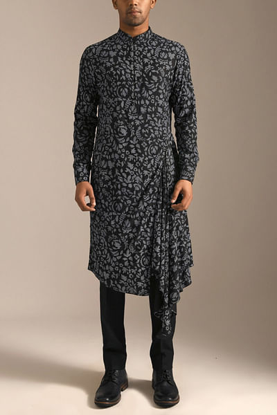 Black printed and draped kurta set