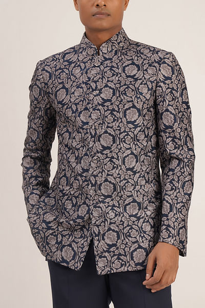 Navy printed bandhgala