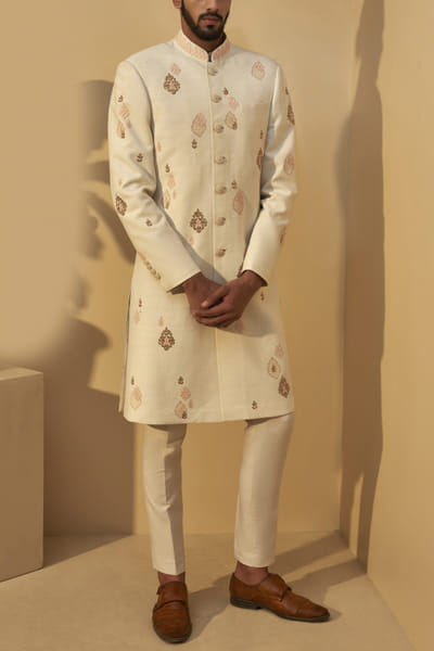 Cream embroidered sherwani set
