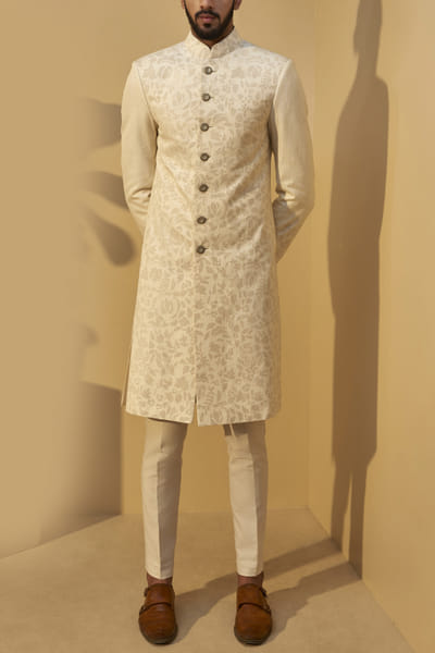 Cream embroidered sherwani set