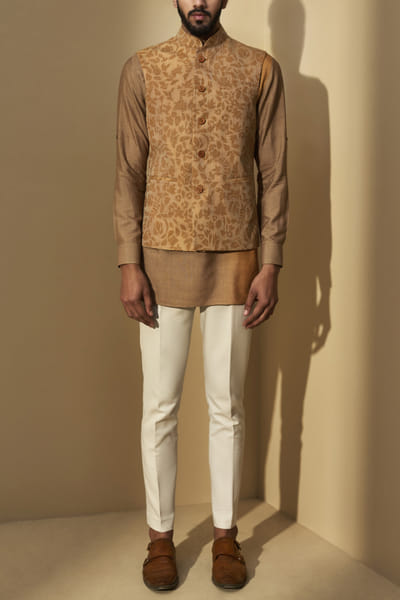 Dhruv Vaish Tan embroidered Nehru jacket and kurta set DHRDRP22014