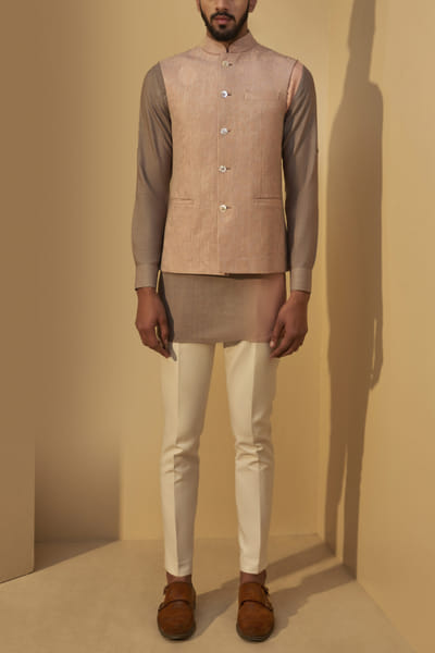 Dhruv Vaish Sand rose embroidered Nehru jacket and kurta set DHRDRP22015