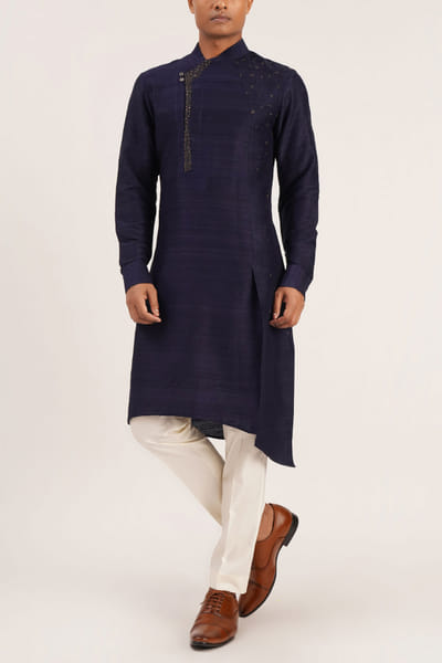 Navy blue raw silk kurta set