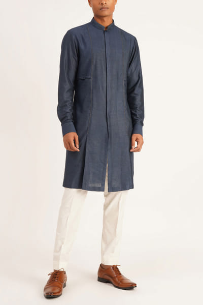 Navy cotton silk kurta set