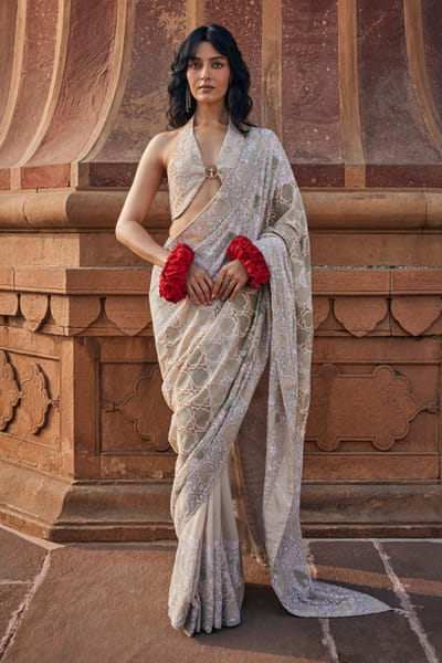 Dhaaga and Co. Ivory chikankari sari set DHAAJUN26D147499