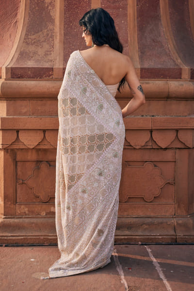 Dhaaga and Co. Ivory chikankari sari set DHAAJUN26D147499