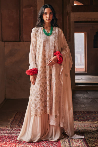 Dhaaga and Co. Ivory chikankari long kurta and sharara set DHAAJUN26D147500