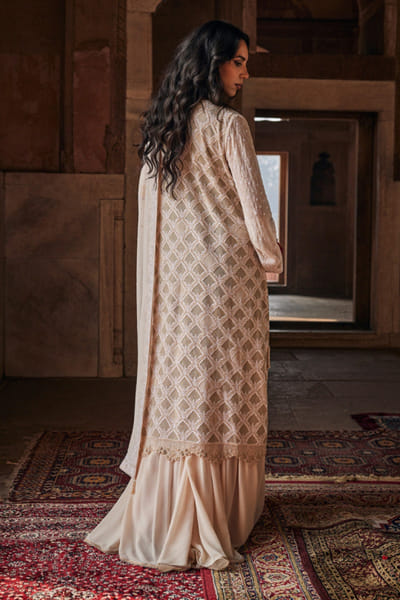 Dhaaga and Co. Ivory chikankari long kurta and sharara set DHAAJUN26D147500