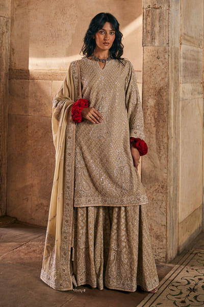 Dhaaga and Co. Beige chikankari kurta and sharara set DHAAJUN26D147502